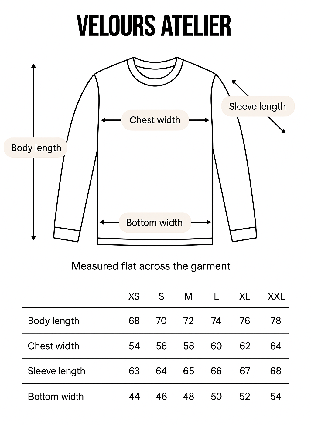 Measurement chart for a long-sleeve shirt with labels and size chart on a white background.